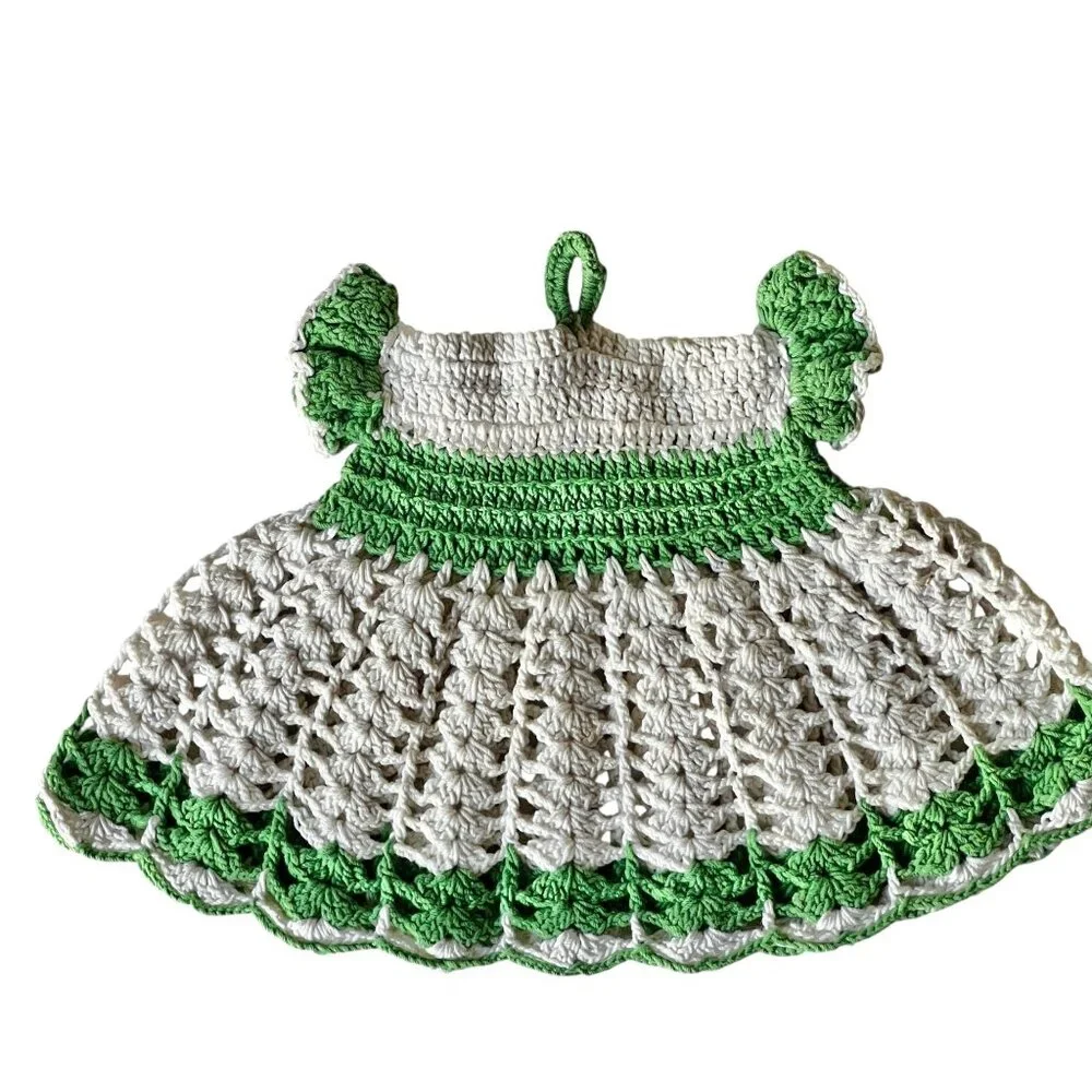 Hand-Crocheted Potholder Red White Hot Pad & Green White Dress with Loop